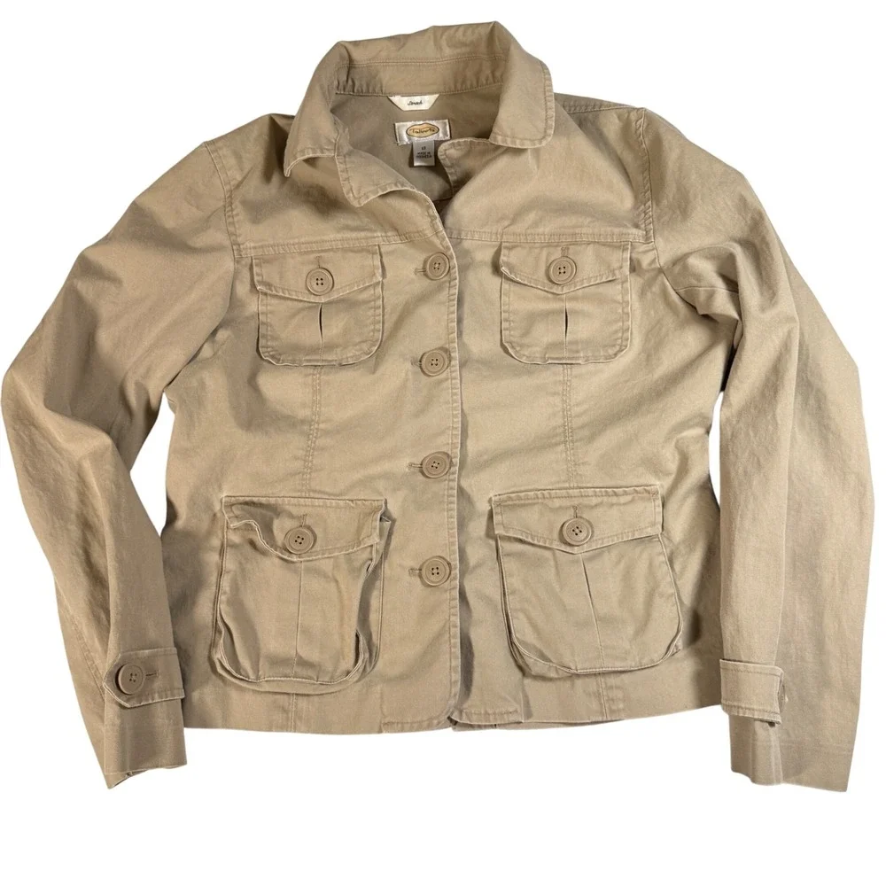 Talbots Stretch Utility‎ Jacket Khaki Beige Cotton Twill Cargo Coat Women's 12